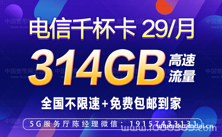 电信千杯卡29元包84G通用流量+230G定向流量